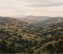Rolling hills and open land viewed from above.