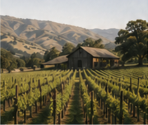 Vineyard rows leading toward a rural structure in hilly terrain.